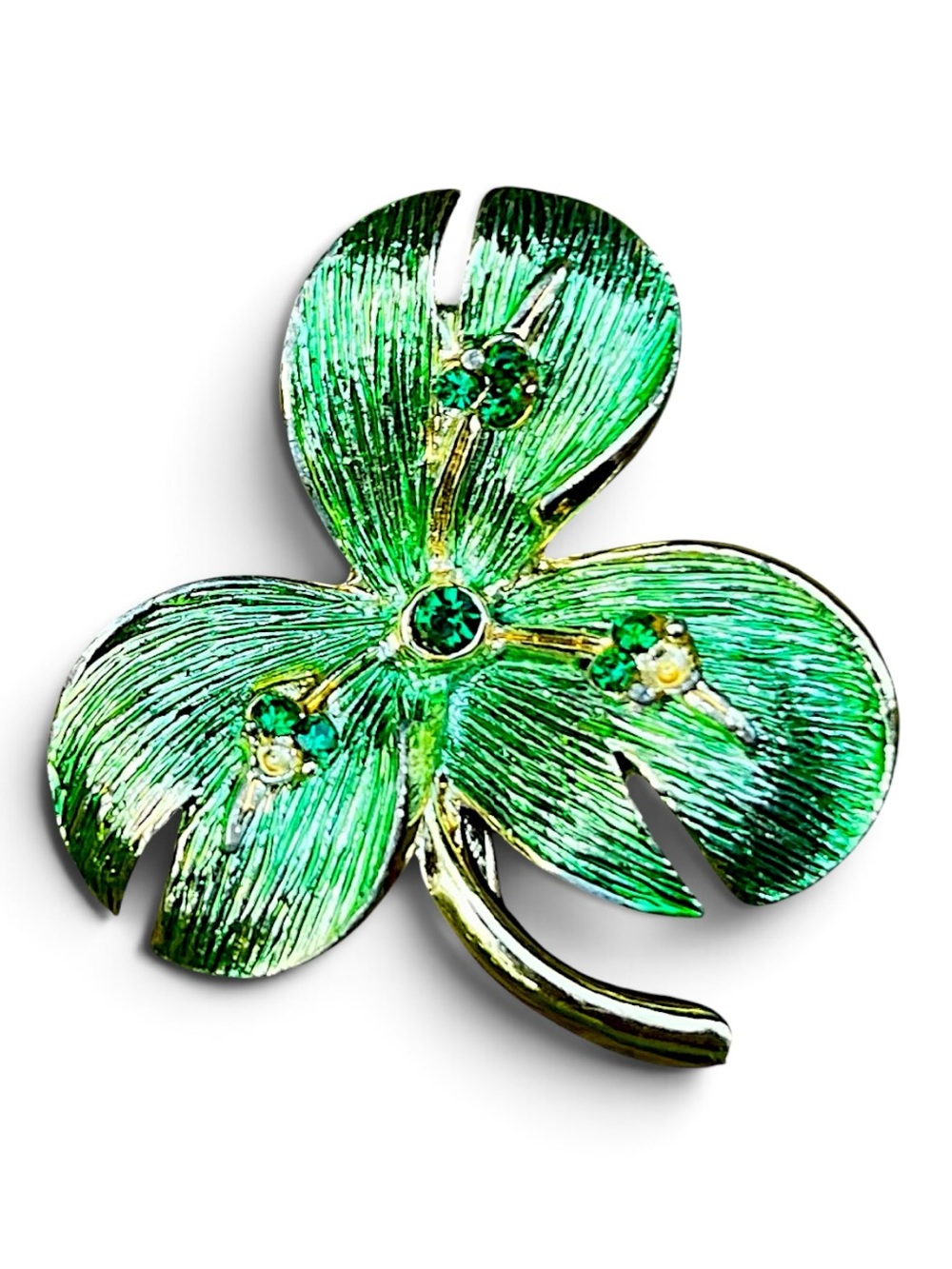 Vintage Mid Century Green Enamel Shamrock Brooch Rhinestone Pin